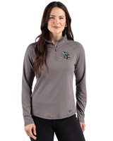 New England Patriots NFL Helmet Cutter & Buck Prospect Recycled Featherlight Stretch Womens Quarter Zip Elemental Grey Front