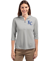 Kansas City Royals Cutter & Buck Virtue Recycled Featherlight Pique Womens Half Zip Hooded Pullover Polished Medium Gray Front