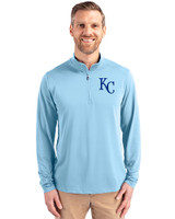 Kansas City Royals Cutter & Buck Virtue Recycled Featherlight Pique Mens Quarter Zip Pullover Atlas Light Blue Front