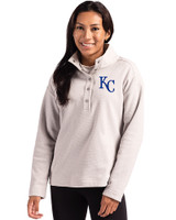 Kansas City Royals Cutter & Buck Hunts Point Recycled Fleece Womens Hybrid Snap Placket Pullover Polished Medium Gray Front