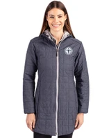 Tennessee Titans Monochromatic Cutter & Buck Rainier Recycled Insulated Puffer Womens Full Zip Hooded Long Coat Anthracite Melange Front