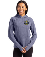 Michigan Wolverines 2026 NCAA Men's Basketball National Champions Cutter & Buck Adapt Recycled Soft Knit Stretch Womens Hooded Pullover Navy Blue Heather Front