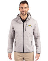 Los Angeles Chargers Cutter & Buck Rainier Recycled Insulated Puffer Mens Full Zip Hooded Jacket Jacket Polished Medium Gray Front