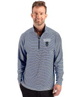 Howard Bison Cutter & Buck Forge Recycled Double Stripe Four-Way Stretch Mens Quarter Zip Pullover Navy Blue/White Front