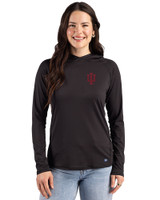 Indiana Hoosiers Cutter & Buck Prospect Recycled  Featherlight Stretch Womens Hooded Pullover Black Front