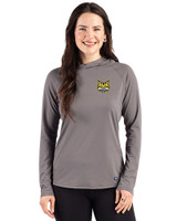 Quinnipiac Bobcats Cutter & Buck Prospect Recycled  Featherlight Stretch Womens Hooded Pullover Elemental Grey Front