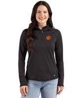 Clemson Tigers Cutter & Buck Prospect Recycled Featherlight Stretch Womens Quarter Zip Black Front