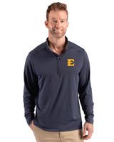 ETSU Buccaneers Cutter & Buck Forge Recycled Four-Way Stretch Mens Big & Tall Quarter Zip Pullover Dark Navy Blue Heather Front