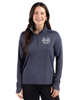 Utah State Aggies Cutter & Buck Forge Recycled Four-Way Stretch Womens Quarter Zip Pullover Dark Navy Blue Heather Front