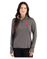 NC State Wolfpack Cutter & Buck Forge Recycled Four-Way Stretch Womens Quarter Zip Pullover Dark Black Heather Front