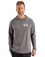 Brigham Young Cougars Cutter & Buck Prospect Recycled Featherlight Stretch Mens Hooded Pullover Elemental Grey Front
