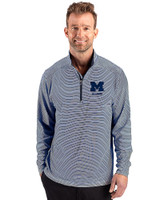 Michigan Wolverines Alumni Cutter & Buck Forge Recycled Double Stripe Four-Way Stretch Mens Quarter Zip Pullover Navy Blue/White Front