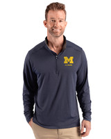 Michigan Wolverines Alumni Cutter & Buck Forge Recycled Four-Way Stretch Mens Quarter Zip Pullover Dark Navy Blue Heather Front
