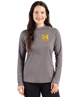 Michigan Wolverines Alumni Cutter & Buck Prospect Recycled  Featherlight Stretch Womens Hooded Pullover Elemental Grey Front