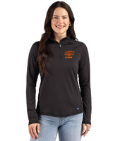 Oklahoma State Cowboys Alumni Cutter & Buck Prospect Recycled Featherlight Stretch Womens Quarter Zip Black Front