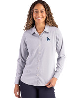  Cutter & Buck Skyline Recycled Pinstripe Womens Long Sleeve Spread Collar Dress Shirt Elemental Grey/White Front