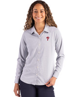  Cutter & Buck Skyline Recycled Pinstripe Womens Long Sleeve Spread Collar Dress Shirt Elemental Grey/White Front