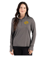 Los Angeles Rams- Cutter & Buck Forge Recycled Four-Way Stretch Womens Quarter Zip Pullover Dark Black Heather Front