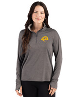 Los Angeles Rams- Cutter & Buck Forge Recycled Four-Way Stretch Womens Quarter Zip Pullover Dark Black Heather Front