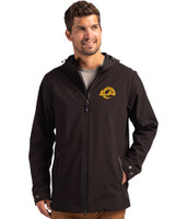 Los Angeles Rams- Cutter & Buck Camano Recycled Everyday Stretch Water Resistant Mens Full Zip Jacket Black Front