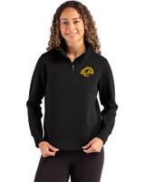 Los Angeles Rams- Cutter & Buck Roam Recycled Buttery-Soft Knit Womens Quarter Zip Pullover Black Front