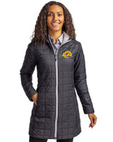 Los Angeles Rams- Cutter & Buck Rainier Recycled Insulated Puffer Womens Full Zip Hooded Long Coat Black Front