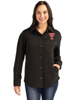 Texas Tech Red Raiders College Vault Cutter & Buck Roam Recycled Buttery-Soft Knit Womens Button Down Shirt Jacket Black Front