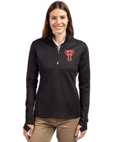 Texas Tech Red Raiders College Vault Cutter & Buck Traverse Recycled Smooth Stretch Womens Quarter Zip Pullover Black Front