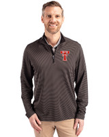 Texas Tech Red Raiders College Vault Cutter & Buck Virtue Recycled Micro Stripe Featherlight Pique Mens Quarter Zip Pullover Black/Elemental Grey Front