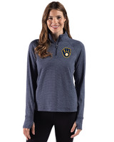 Milwaukee Brewers Cutter & Buck Adapt Recycled Soft Knit Stripe Womens Quarter Zip Pullover Navy Blue Heather Front