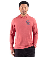 Colorado Rockies Stars & Stripes Cutter & Buck Adapt Recycled Soft Knit Stripe Mens Hooded Pullover Cardinal Red Heather Front