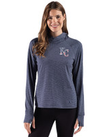 Kansas City Royals Stars & Stripes Cutter & Buck Adapt Recycled Soft Knit Stripe Womens Hooded Pullover Navy Blue Heather Front