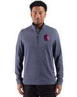 St. Louis City SC 91���� Adapt Recycled Soft Knit Stripe Mens Big & Tall Quarter Zip Pullover Navy Blue Heather Front