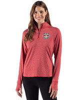 New York Red Bulls 91���� Adapt Recycled Soft Knit Stripe Womens Quarter Zip Pullover Cardinal Red Heather Front