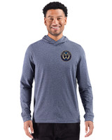 Philadelphia Union Cutter & Buck Adapt Recycled Soft Knit Stripe Mens Big & Tall Hooded Pullover Navy Blue Heather Front
