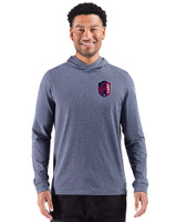 St. Louis City SC Cutter & Buck Adapt Recycled Soft Knit Stripe Mens Big & Tall Hooded Pullover Navy Blue Heather Front