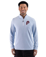 Philadelphia Phillies Cooperstown Cutter & Buck Adapt Recycled Soft Knit Stripe Mens Big & Tall Quarter Zip Pullover Atlas Heather/White Front