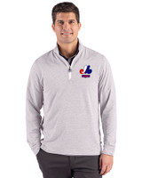 Montreal Expos Cooperstown Cutter & Buck Adapt Recycled Soft Knit Stripe Mens Big & Tall Quarter Zip Pullover Polished Heather/White Front
