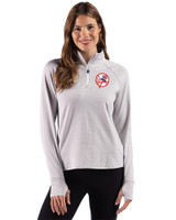 New York Yankees Cooperstown Cutter & Buck Adapt Recycled Soft Knit Stripe Womens Quarter Zip Pullover Polished Heather/White Front