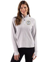 Milwaukee Brewers Cooperstown Cutter & Buck Adapt Recycled Soft Knit Stripe Womens Quarter Zip Pullover Polished Heather/White Front