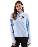 Philadelphia Phillies Cooperstown Cutter & Buck Adapt Recycled Soft Knit Stripe Womens Quarter Zip Pullover Atlas Heather/White Front