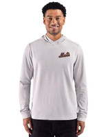 New York Mets Cooperstown Cutter & Buck Adapt Recycled Soft Knit Stripe Mens Hooded Pullover Polished Heather/White Front