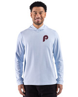 Philadelphia Phillies Cooperstown Cutter & Buck Adapt Recycled Soft Knit Stripe Mens Big & Tall Hooded Pullover Atlas Heather/White Front