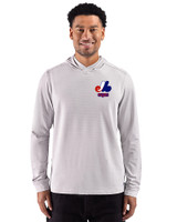 Montreal Expos Cooperstown Cutter & Buck Adapt Recycled Soft Knit Stripe Mens Big & Tall Hooded Pullover Polished Heather/White Front
