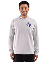 Texas Rangers Cooperstown Cutter & Buck Adapt Recycled Soft Knit Stripe Mens Big & Tall Hooded Pullover Polished Heather/White Front