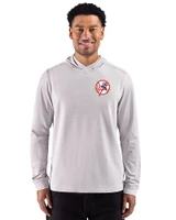 New York Yankees Cooperstown Cutter & Buck Adapt Recycled Soft Knit Stripe Mens Big & Tall Hooded Pullover Polished Heather/White Front