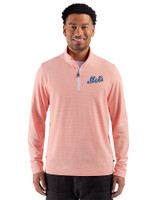 New York Mets Cooperstown Cutter & Buck Adapt Recycled Soft Knit Stripe Mens Quarter Zip Pullover  College Orange Heather/White Front