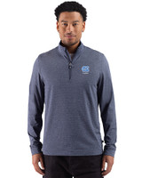 North Carolina Tar Heels Alumni Cutter & Buck Adapt Recycled Soft Knit Stripe Mens Big & Tall Quarter Zip Pullover Navy Blue Heather Front