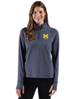 Michigan Wolverines Alumni Cutter & Buck Adapt Recycled Soft Knit Stripe Womens Quarter Zip Pullover Navy Blue Heather Front