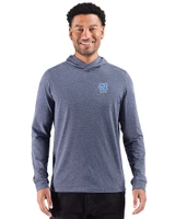 North Carolina Tar Heels Alumni Cutter & Buck Adapt Recycled Soft Knit Stripe Mens Hooded Pullover Navy Blue Heather Front